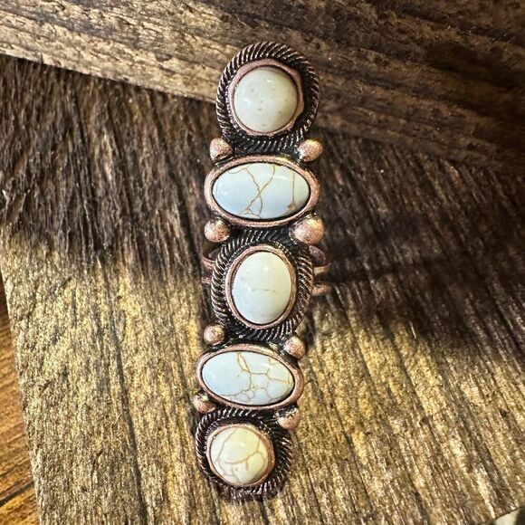Western Boho Hippie Copper Circle & Oval Semi Stone Pave Linear Bar Cuff Ring: - Picture 3 of 5